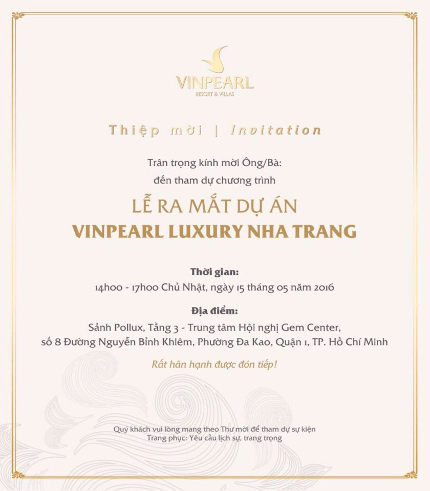 thư mời sự kiện ra mắt Vinpearl Luxury Nha Trang